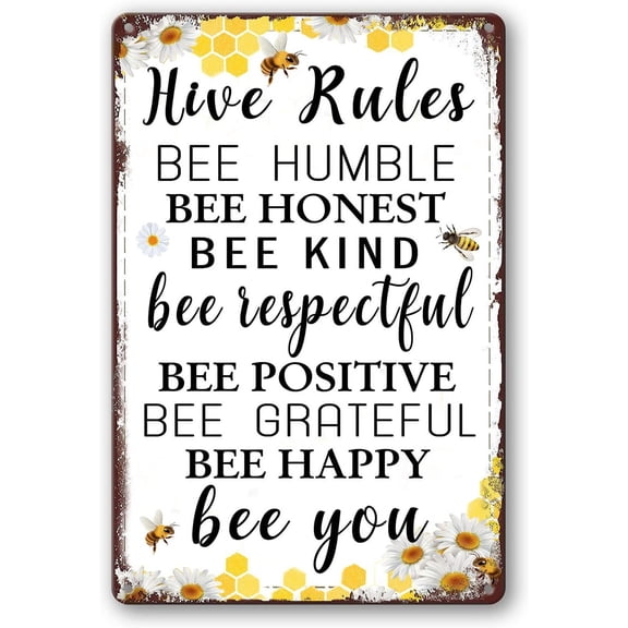 Bee Hive Rules Sign, 12 x 8 Inch, Metal, Decorative Sign, Beekeeping, Wall Mount, Yellow, Brown