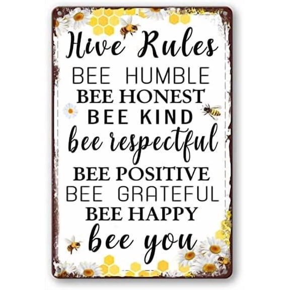 Bee Hive Rules Sign, 12 x 8 Inch, Metal, Decorative Sign, Beekeeping, Wall Mount, Yellow, Brown