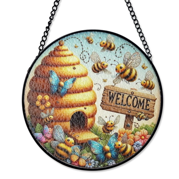 Bee Hive Summer Welcome Suncatcher, Stained Glass Style UV Printed Glass, Nature Garden Insect Gift, Round