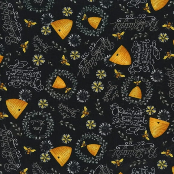 Bee Hives And Phrases On Black Cotton Fabric