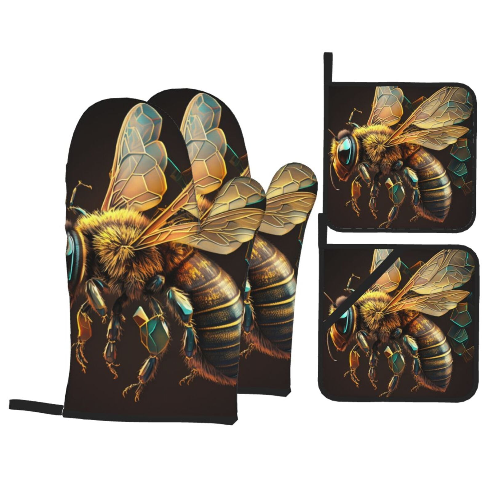Bee Honey Honeybee Cool 4Pcs Oven Mitts and Pot Holders Sets Oven Kitchen Gloves Hot Pads for Cooking BBQ Baking Grilling