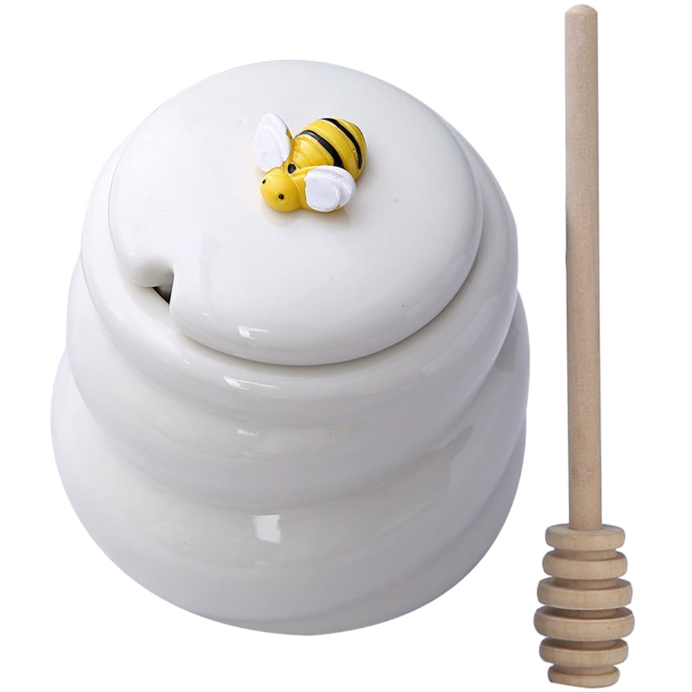 White Ceramic Honey Pot Candy Jar with Wood Lid, Syrup Dispenser for Kitchen, Decor, and Household Use