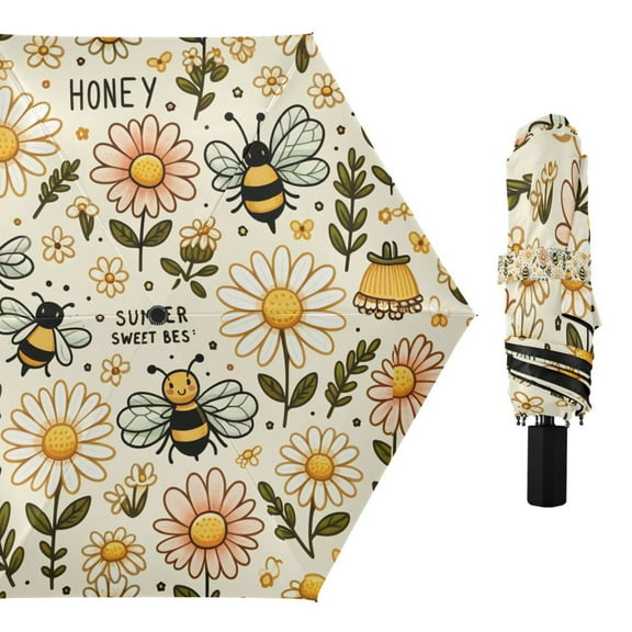 Bee Honey and Daisy Compact Sun Umbrella Windproof Travel Umbrellas for Rain Strong Portable UV Protection