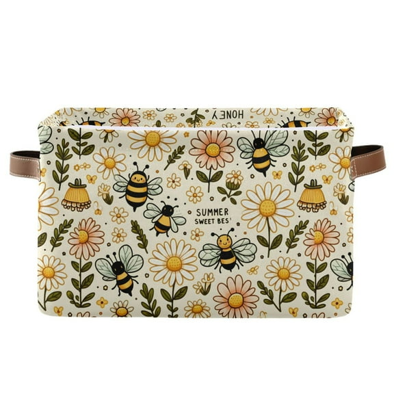 Bee Honey and Daisy Storage Bins with Handle Fabric Organizer Basket Foldable Box 1 Pack 14.2x10.2x8.3