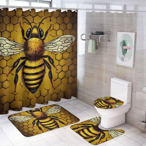 Bee Honeybee Prints Bathroom Set 4-Piece, Waterproof Shower Curtain 72x72, Non-Slip Bath Mat, U-Shaped Rug & Toilet Lid Cover, Rustic Decor for Bathroom Spa Decor
