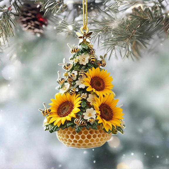Bee and Honeycomb Acrylic Christmas Ornament, Cute Bee Collecting Honey Decor with Hanging Rope, Fun Christmas Tree Decoration for Farmhouse Holiday Theme Party
