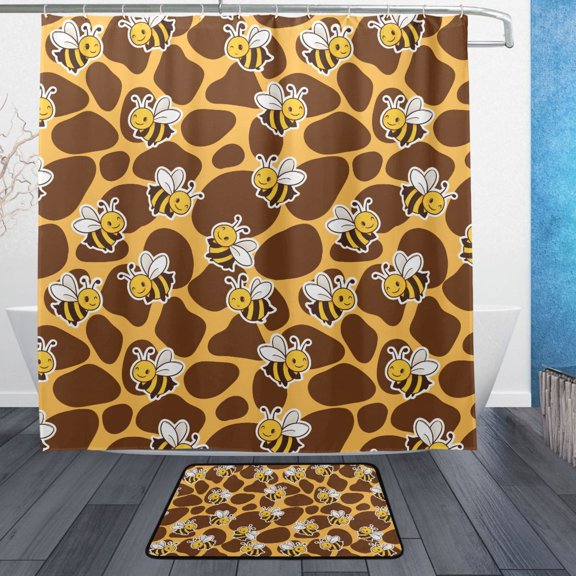 Bee Honeycomb Background Bathroom Accessory Sets Waterproof Shower Curtain with Absorbent Non-Slip Rug