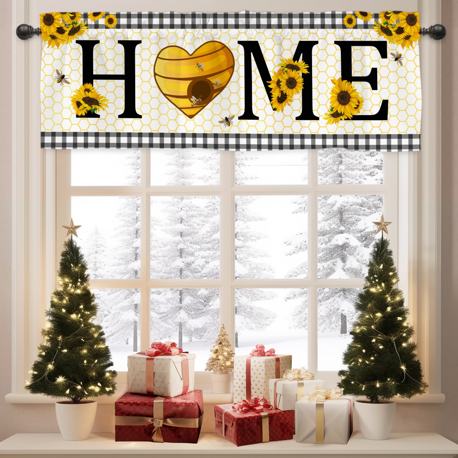 Bee Curtain Valances For Farmhouse Black and White Checkered