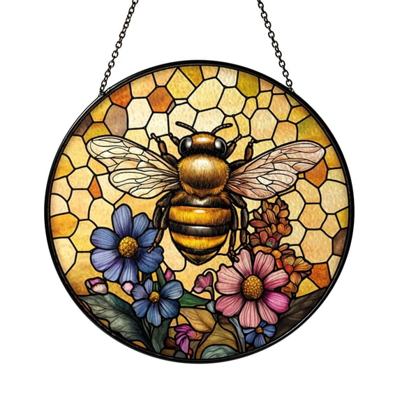 Bee Honeycomb Floral Stained Glass Suncatcher Window Hanging, Garden Pollinator Art Decor Gift for Nature Lovers