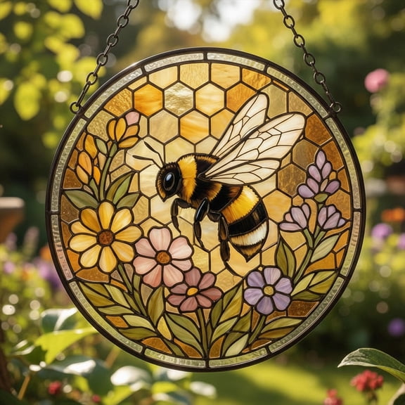 Bee Honeycomb Floral Wall Art Panel - Stained Glass | Intricate Design | Bumblebee Nature Decor | Nature Lover Gift | Home Decor