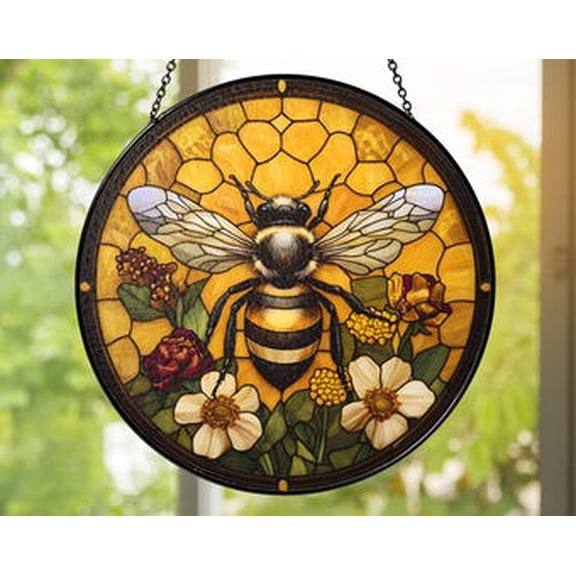 Bee & Honeycomb Glass Suncatcher: Handmade Pollinator Garden Decor, 3.5 in