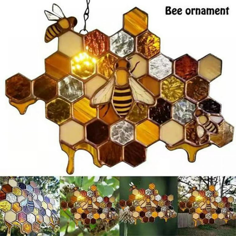 Bee Honeycomb Modern Art Crafts Hanging Decor,Acrylic Honey Pastoral Window  Hangings Hive Pendant Ornament Bee Day Sign Door Hanger Mosaic Decoration  For Home 