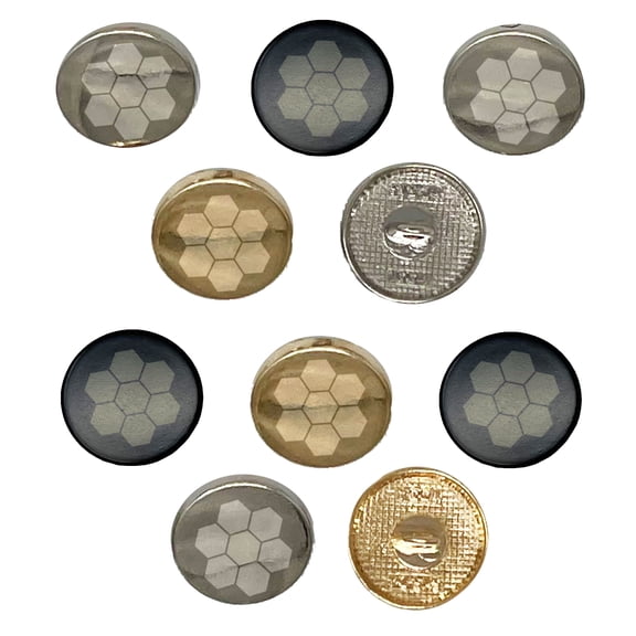 Bee Honeycomb Solid Set of 10 Metal 0.6" (15mm) Sewing Shank Round Buttons - Silver Color
