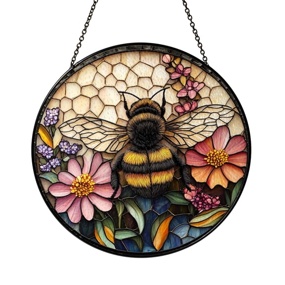 Bee Honeycomb Stained Glass Style Window Hanging – Decorative Garden Art