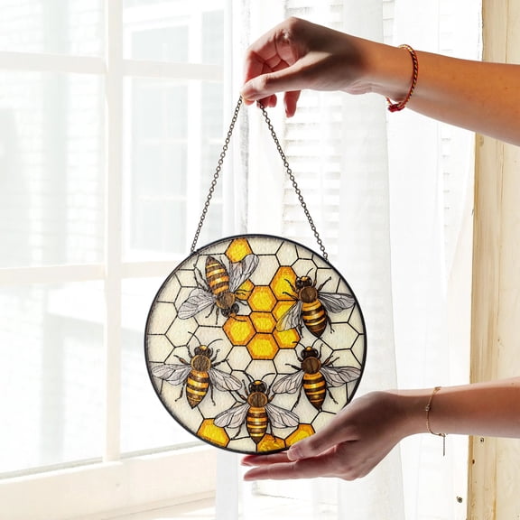 Bee Honeycomb Stained Glass Suncatcher, Honeybee Window Decor, Round Beehive Glass Art, Handmade Sun Catcher Ornament, Gift for Her