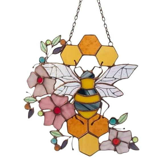 Bee Honeycomb Stained Suncatcher, Suncatcher Window Hangings Ornament Bumblebee Art Decoration for Home Garden, Family, Friends, Multicolor, 6.6x6.3"