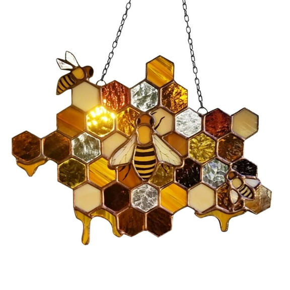 Bee Honeycomb Stained Suncatcher, Suncatcher Window Hangings Ornament Bumblebee Art Decoration for Home Garden, Family, Friends, Multicolor, 7.1x5.2"