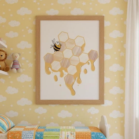 Bee Honeycomb Wall Art – Cute Nature-Inspired Print – Modern Home & Nursery Decor, Stretched Canvas Size 16x24