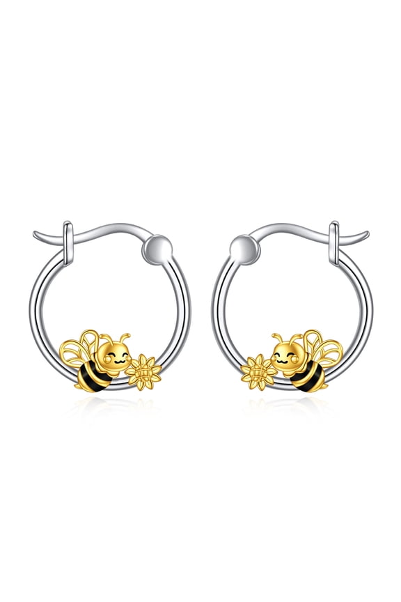 Bee Hoop Earrings S925 Sterling Silver Huggie 18K Gold Plated Cute Bumblebee Sunflower Jewelry Birthday Gifts for Women (Bee)