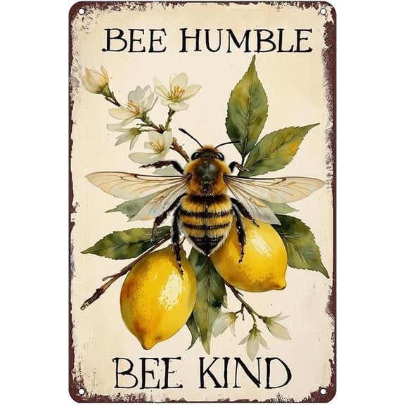 Bee Humble Bee Kind Tin Sign - Vintage Metal 12x8 Inch Farmhouse Wall Decor with Lemon and Bee Art for Kitchen, Garden, Patio, Country Home
