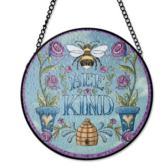 Bee Kind Bumblebee Inspiring Suncatcher Stained Glass Style UV Printed Glass Kindness Motivation Gift Round