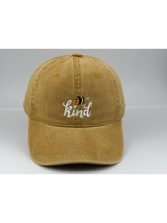 Bee Kind Embroidered Washed Cotton Baseball Cap, Adjustable Unstructured Adult Casual Dad Hat, Inspirational Graphic Outdoor Sun Hat for Everyday Wear