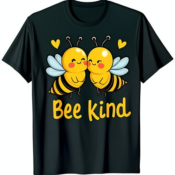 Bee Kind Graphic Black T-Shirt with Cute Cartoon and Hearts