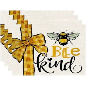 Bee Kind Placemats Set of 4-12"x18" Summer Bees Floral Linen Place Mat- Yellow Honeycomb Washable Heat Resistant Table Mats for Kitchen Dining Party Tabletop Picnic Decoration