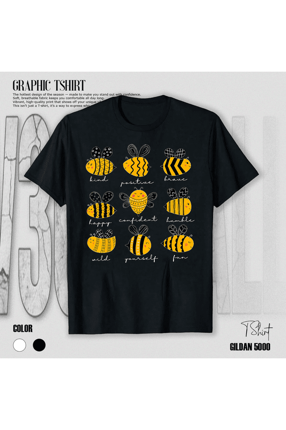 Bee Kind Positive Teacher Motivational Quote Graphic Nature Unisex T-Shirt V14606, up to Size 5XL