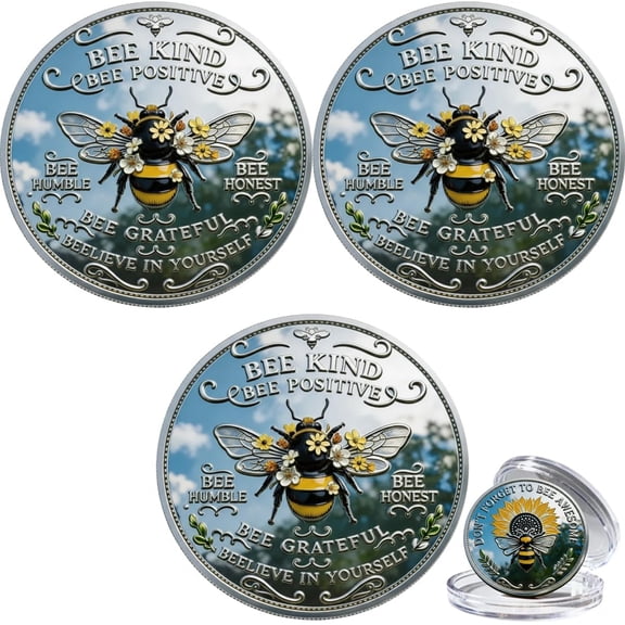Bee Kind Positivity Commemorative Coin, Motivational Bee Challenge Coin, Double-Sided Inspirational Bee Collectible Token Gift for Mom Dad (3PC)