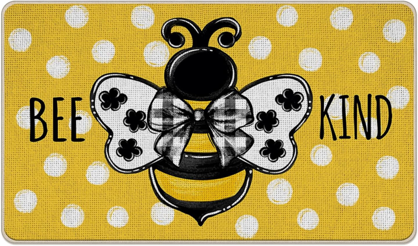 Bee Kind Spring Summer Decorative Front Door Mat, Yellow Polka Dot Doormat Indoor Outdoor Non-Slip Floor Entryway Rug, Bumble Bee Seasonal Home Kitchen Decoration 17x30 Inch