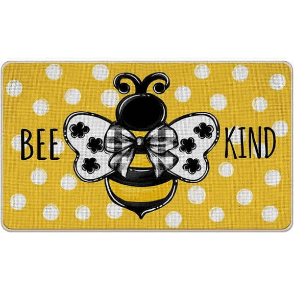 Bee Kind Spring Summer Decorative Front Door Mat, Yellow Polka Dot Doormat Indoor Outdoor Non-Slip Floor Entryway Rug, Bumble Bee Seasonal Home Kitchen Decoration 17x30 Inch