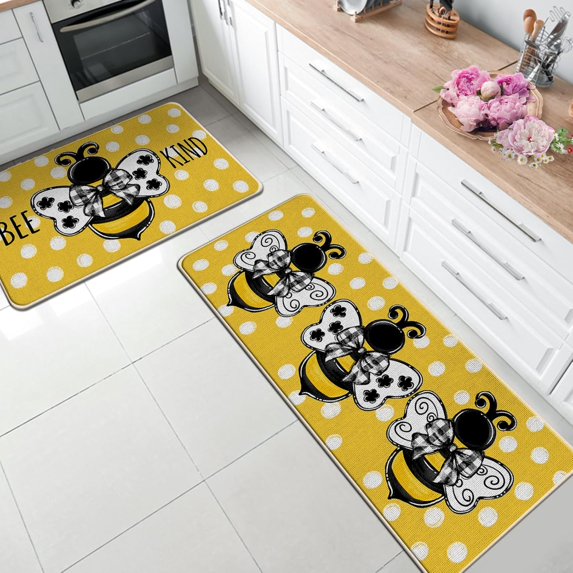Bee Kind Spring Summer Yellow Kitchen Rugs Set of 2, Polka Dot Buffalo Plaid Check Bow Kitchen Mats Decor, Bumble Bee Seasonal Floor Door Mat Home Decorations -17x30 and 17x47 Inch