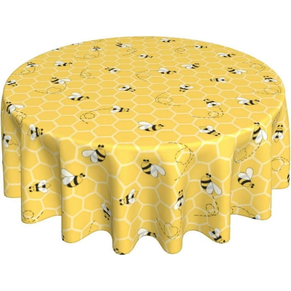 Bee Kind Yellow Tablecloth Round 60×60 Inch, Spring Summer Honeycomb Themed Tablecloth Washable Table Cover for Party Picnic Dinner Decor