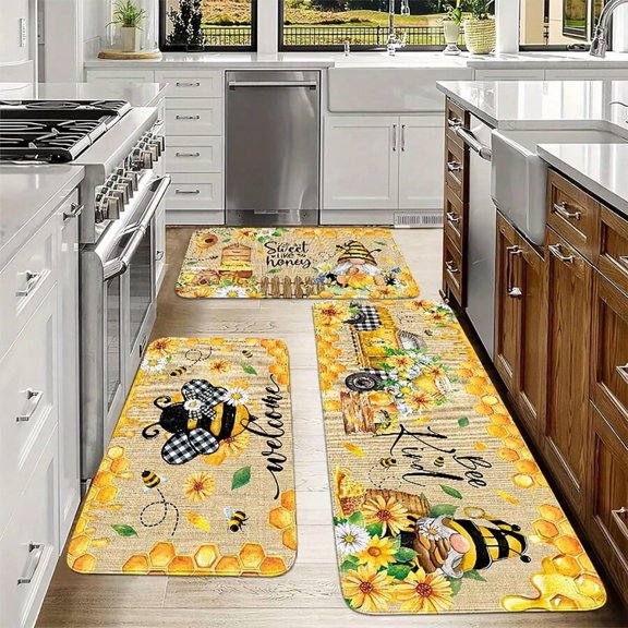 Bee Kitchen Rug Set with Non-Slip Backing