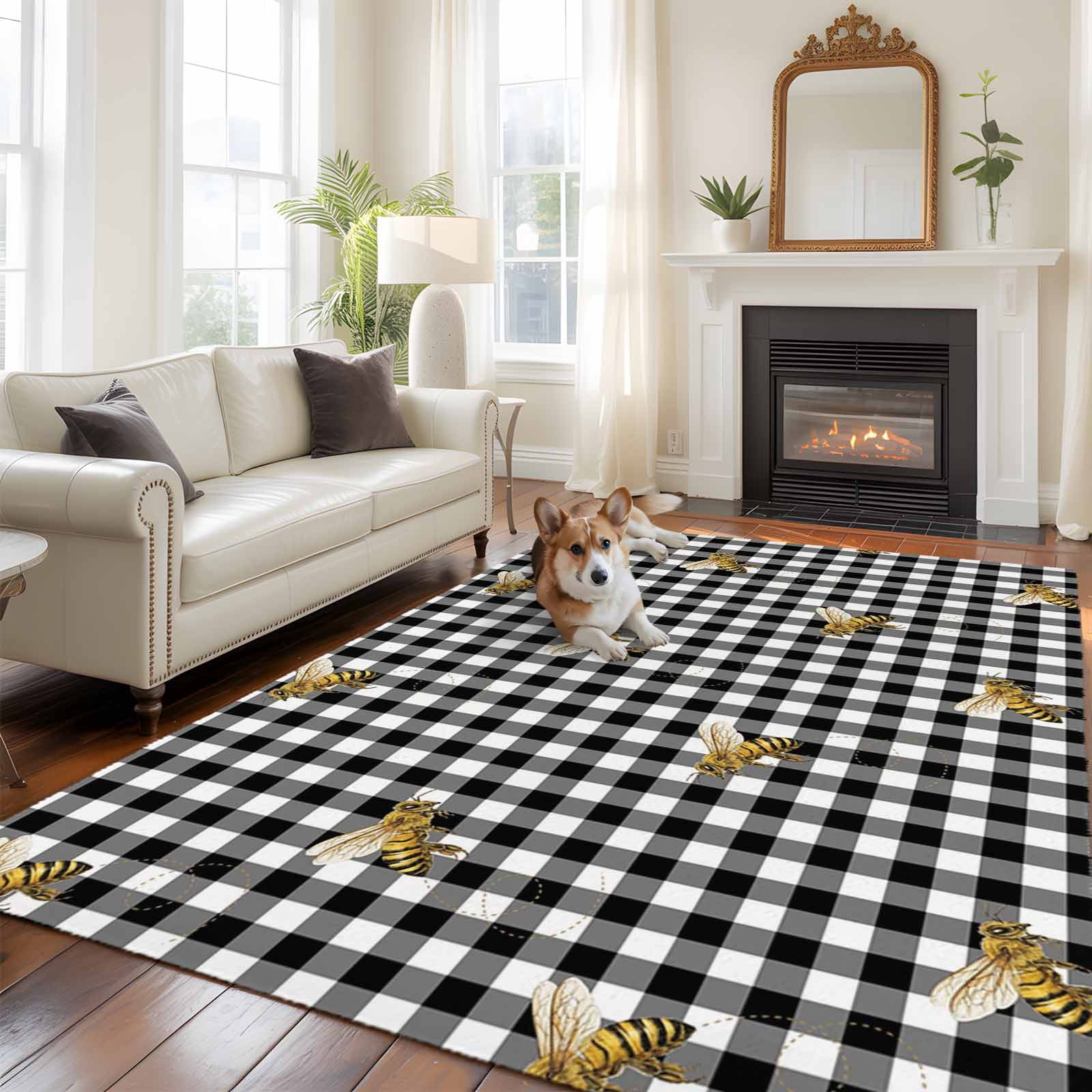 Bee Large Area Rugs 8x10 ft Country Bees Black White Buffalo Plaid ...