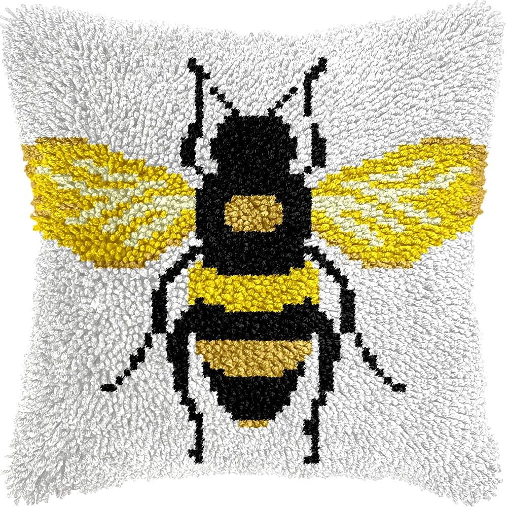 Bee Latch Hook Pillow Kits for DIY Handmade Throw Pillow Cushion Embroidery Latch Hooking Pillowcase Kits with Preprinted Canvas Crochet Yarn Kits 17''X 17''(g162)