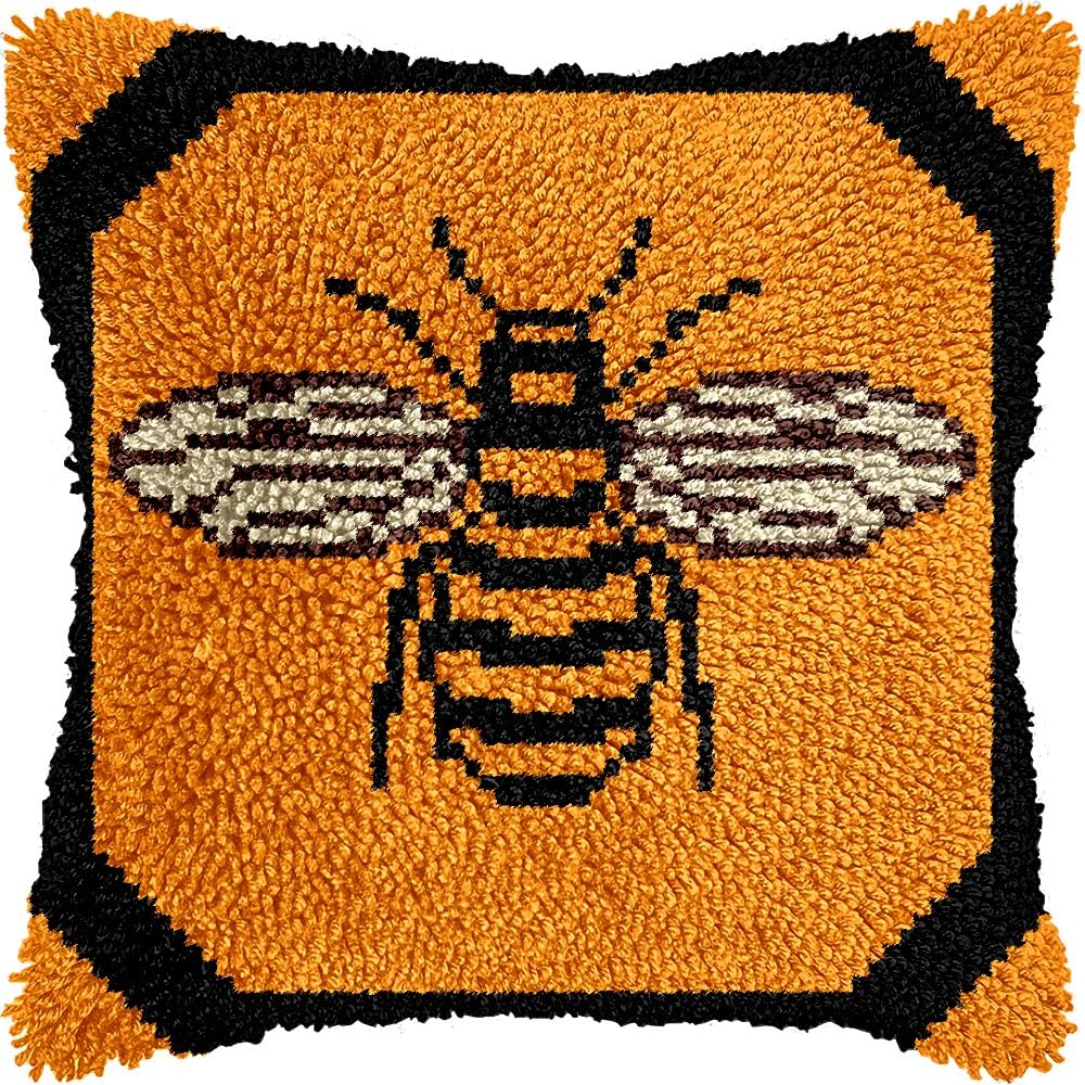 Bee Latch Hook Pillow Kits Pillow Cover Latch Hook Crafts Crochet Knitted Hooking Pillowcase Cushion Crafts Embroidery Latch Hooking Kits Material Set 17x17 inch(178)