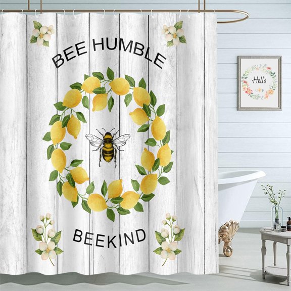 Bee Lemon Flower Shower Curtain Set 72x72 Inch Be Humble Kind Bathroom Decor Waterproof Fabric Curtains with Hooks