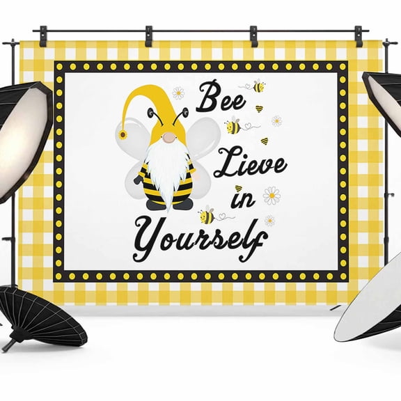 Bee Lieve Backdrop for Photography, In Yourself Gnomes Sunflower Yellow Grid Photo Backdrop Portrait Background Party Banner Photo Backgrounds for Studio Booth Props, 10x8ft