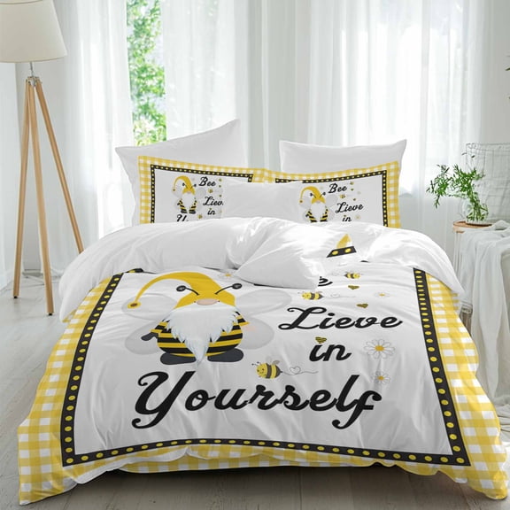 Bee Lieve Comforter Set Queen Size, In Yourself Gnomes Sunflower Yellow Grid Soft Bedding Set for Man Woman, 4 Pieces Duvet Cover Set with Fitted Sheet, 2 Pillowcases