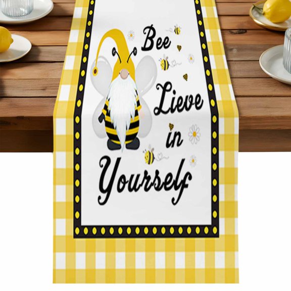 Bee Lieve Table Runner, In Yourself Gnomes Sunflower Yellow Grid Cotton Linen Table Cloth, Tablerunner for Kitchen Dining Party Wedding Home Decor 13x36 Inch