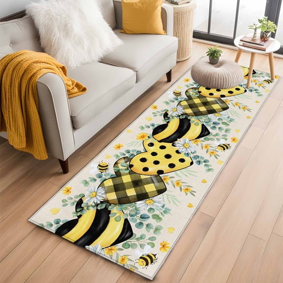 Bee Love 2'x6' Runner Rugs for Hallway Kitchen Bedside Non Slip Washable, Daisy Eucalyptus Leaves Linen Rustic Beige Entryway Rug Runners with Rubber Backing, Long Carpet Runner for Laundry Room