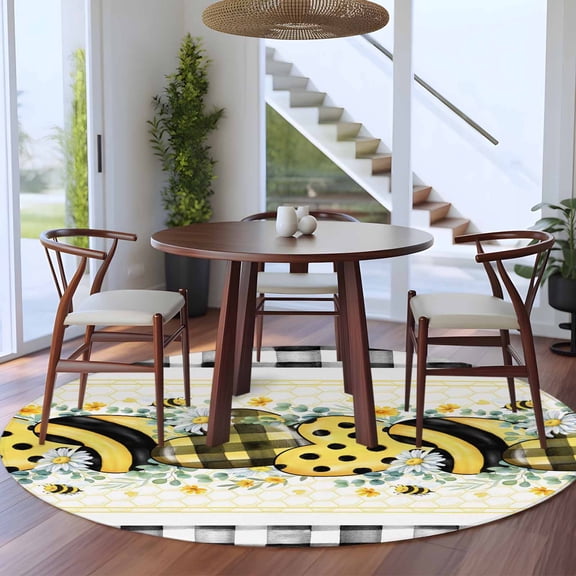 Bee Love 5ft Round Rug for Dining Table for 4 People Under Table Placement, Vintage Country Yellow Bee Plaid Dot Love Floral Black Plaid Washable Non Slip Circle Area Rug