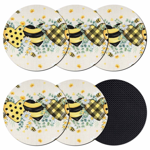 Bee Love Coasters Set of 6, Absorbent Coasters for Drinks, Daisy Eucalyptus Leaves Linen Rustic Beige Coaster for Desk Coffee Table Protection, Home Decor House Warming Gifts 4"