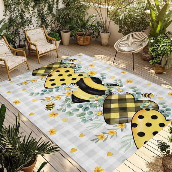 Bee Love Outdoor Rug for Patio/Deck/Porch, Non-Slip Large Area Rug 4 x 6 Ft, Daisy Eucalyptus Leaves Rustic Gray Plaid Indoor Outdoor Rugs Washable Area Rugs, Reversible Camping Rug Carpet Runner