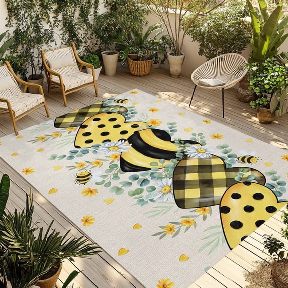 Bee Love Outdoor Rug for Patio/Deck/Porch, Non-Slip Large Area Rug 6 x 9 Ft, Daisy Eucalyptus Leaves Linen Rustic Beige Indoor Outdoor Rugs Washable Area Rugs, Reversible Camping Rug Carpet Runner