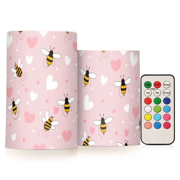 Bee Love Pattern Flameless LED Candle Set with Remote, Battery Operated Color Changing Pillar Candles, Set of 2