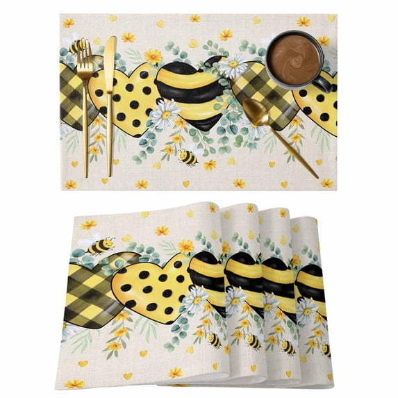 Bee Love Placemats Set of 4, Daisy Eucalyptus Leaves Linen Rustic Beige Placemats for Dining Table, Place Mats for Kitchen Tabletop, Waterproof Wipeable Dining Table Mats Set