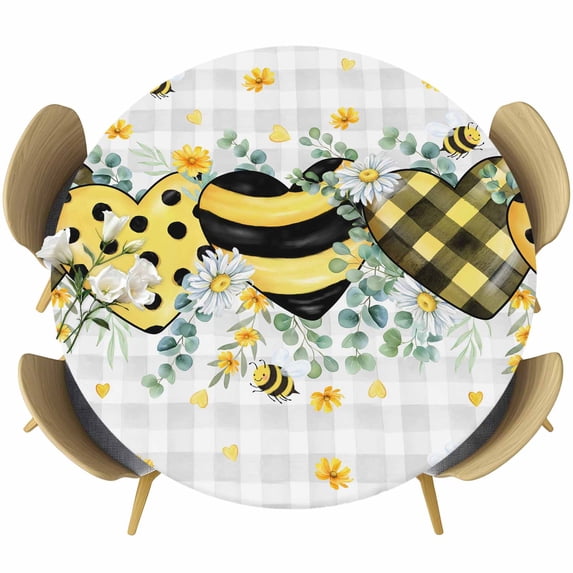 Bee Love Round Tablecloth, Fitted Table Cover with Elastic for 36"-44" Round Tables, Daisy Eucalyptus Leaves Rustic Gray Plaid Table Cloth Outdoor Indoor Dinning Party Waterproof Tablecloths